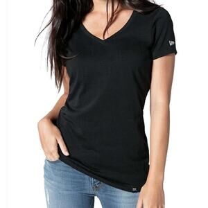 New Era Women's T-Shirt V-Neck Short Sleeve Black Logo Size XL EUC
